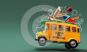 Back to school banner. Funny School bus with books and accessory on green background with copy space.