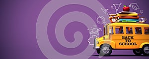 Back to school banner. Funny School bus with books and accessory on purple background with copy space.