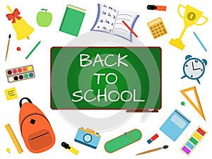 Back to school banner with green blackboard on white background