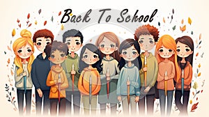 Back to school banner with group of smiling children. Vector illustration. Generative AI