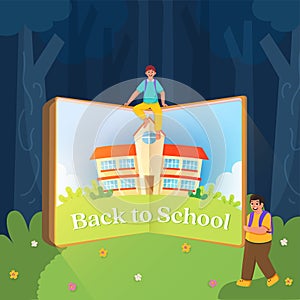 Back to school banner, happy school boys with story book for invitation, poster, banner, promotion,sale etc. School supplies