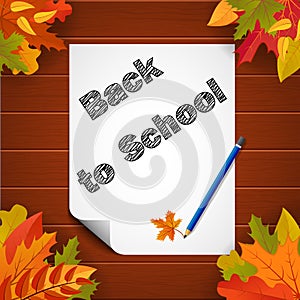 Back to school banner with paper, leaves and pensil on wood background.School education poster.vector eps10 photo