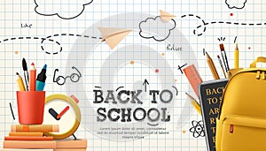 Back to school, banner, poster. Backpack and stationery, stack of books, alarm clock, paper airplanes, a checkered paper