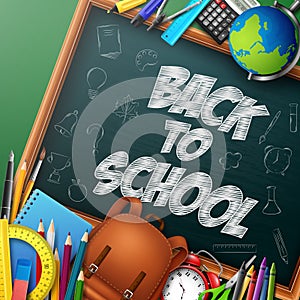 Back to School banner with school supplies and doodles on chalkboard background