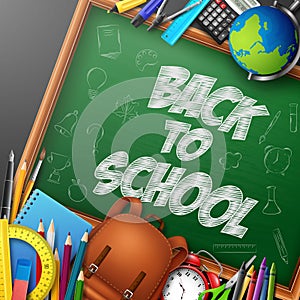 Back to School banner with school supplies and doodles on chalkboard background