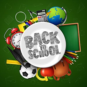 Back to School banner with school supplies and doodles on green chalkboard background