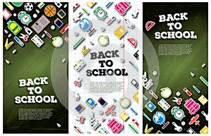 Back To School Banner Set with School Supplies. Vector Illustrat