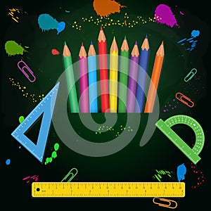 Back to school banner template with colorful pencils, measure rulers, protractors isolated on abstract green chalkboard background