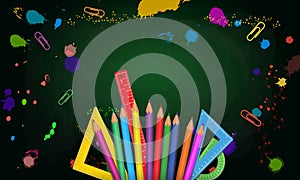 Back to school banner template design with frame from realistic colorful pencils, measure rulers, protractors isolated on abstract