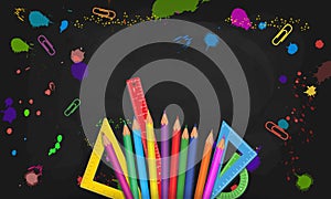 Back to school banner template design with frame from realistic colorful pencils, measure rulers, protractors isolated black