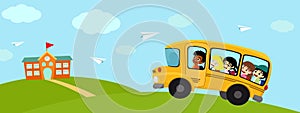 Back to school banner vector illustration, happy five student children on yellow bus go to school with blue sky, clouds and paper