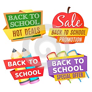 Back to school banners isolated on white background with desk, apple, pencils, books