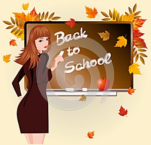 Back to school. Beautiful schoolteacher and apple.