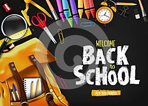 Back to School In Black Background Banner with Orange Backpack and School Supplies