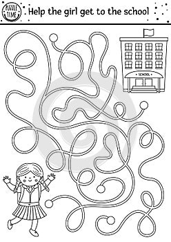 Back to school black and white maze for children. Preschool outline printable educational activity or coloring page. Funny puzzle