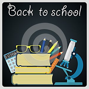 Back to school. Blackboard with school supplies. Vector illustration.