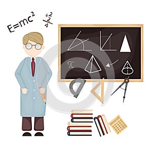 Back to school with blackboard and scientist illustration. Cartoon math teacher clipart, learning mathematic, lecturers teaching