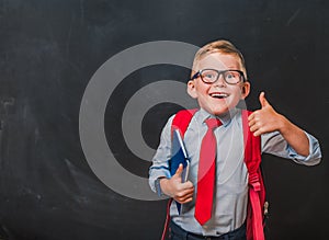 Back to school. Blond hair boy in glasses and school uniform showing thumbs up gesture. Happy pupil with book and bag