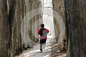 Back to school. A boy in a red sweatshirt with a backpack on his back runs down the avenue. Happy childhood in school