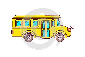 Back to School. Bright colorful yellow school bus in doodle style Isolated on white background