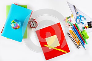 Back to school. Colorful stationery, textbooks and notebooks