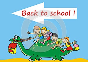 Back to school, brontosaurus with children, humor, eps.