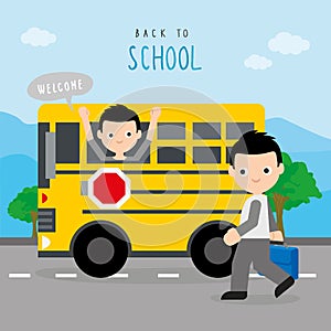 Back To School Bus Road Boy Children Student Cartoon Character Vector