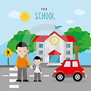 Back To School Bus Road Boy Children Student Cartoon Character Vector