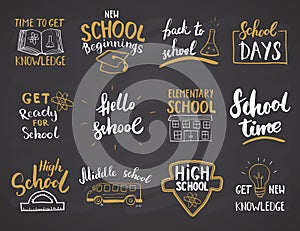 Back to School Calligraphic Letterings Set. Typographic Design. Calligraphy Lettering with School Elements sketch doodles. Hand