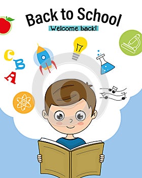 Back to school card. Child reading.