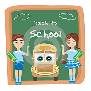 Back to school card, School bus and happy children