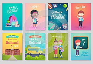 Back to School card set, school kids, chalkboards, equipment.