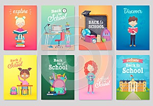 Back to School card set, school kids, chalkboards, equipment.