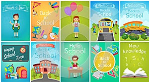 Back to School card template banners set, school bus, kids, chalkboards, book, education equipment vector illustration.