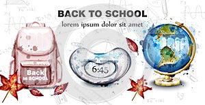 Back to school card with watercolor satchel, alarm clock and globus Vector