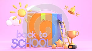 Back to school cartoon banner. Stack books or notebooks with golden trophy cup, stars, ladder and graduation cap on pink