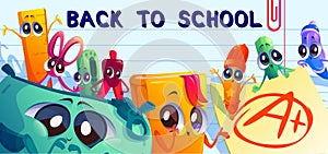 Back to school cartoon banner with student stuff