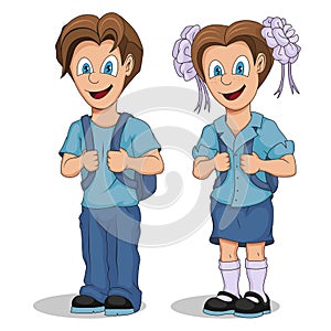 Back to School. Cartoon school boy and the girl. Hand drawing of student with a backpack. School kids concept. Happy school child