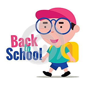 Back to school. Cartoon cute kid with red cap and carry school and ready back to school