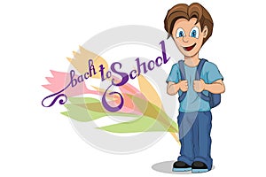 Back to School. Cartoon school boy. Hand drawing of student with a backpack. School kids concept. Happy school children in uniform