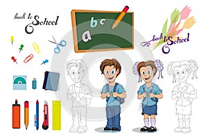 Back to School. Cartoon school girl and boy. Hand drawing of student with a backpack. School kids concept. Happy school children