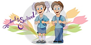 Back to School. Cartoon school girl and boy. Hand drawing of student with a backpack. School kids concept. Happy school children