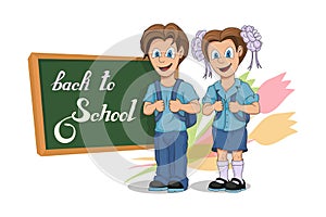 Back to School. Cartoon school girl and boy. Hand drawing of student with a backpack. School kids concept. Happy school children