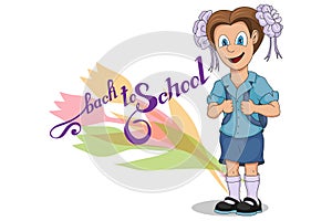 Back to School. Cartoon school girl. Hand drawing of student with a backpack. School kids concept. Happy school children