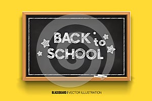 Back to school. Chalk inscription on a blackboard. Chalkboard 3D. Realistic black boards in a wooden frame isolated on a