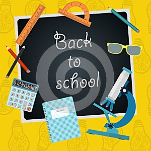 Back to school. Chalkboard with school supplies. Vector illustration.