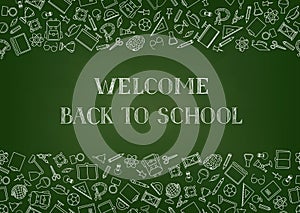 Back to School chalkboard wallpaper. Education drawn symbols pattern. School supplies icons doodle Learning subjects chalk drawn