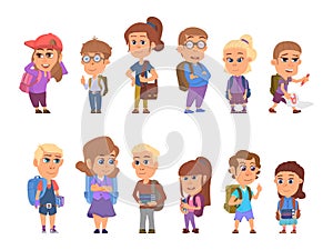 Back to school characters. Happy kids, student with books and backpack. Isolated cartoon teens, young smiling girls boys