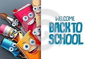 Back to school characters vector background template with funny education cartoon mascots