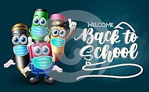 Back to school characters vector template design. Welcome back to school text in space with 3d character like notebook, ball pen.